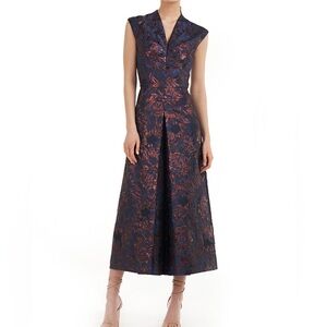 Kay Unger NY Navy Royal Copper Jacquard Midi Jumpsuit Dress Size 12 LIKE NEW